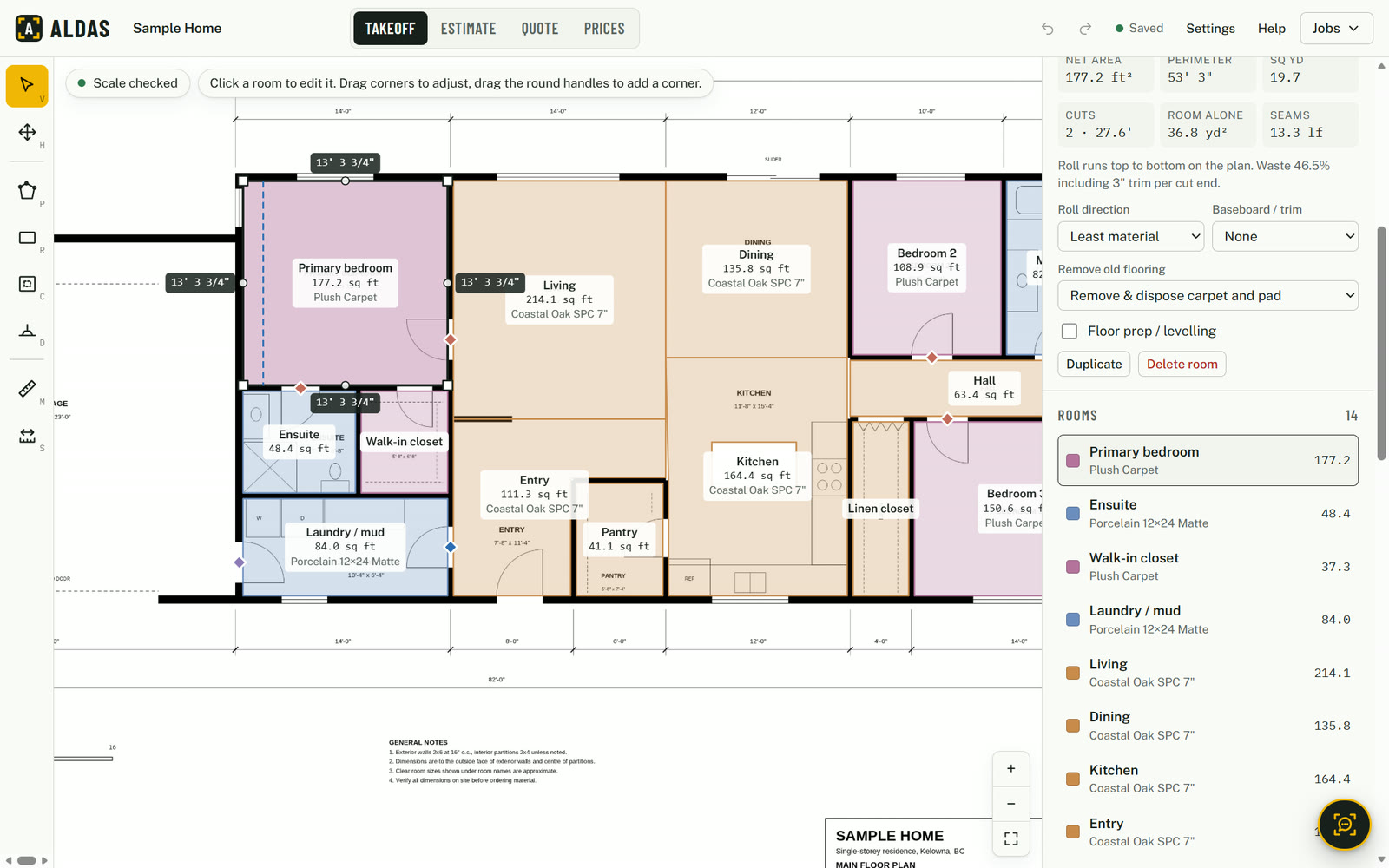 An ALDAS takeoff on a laptop: a coloured floor plan with a carpet room selected, its wall lengths and seam